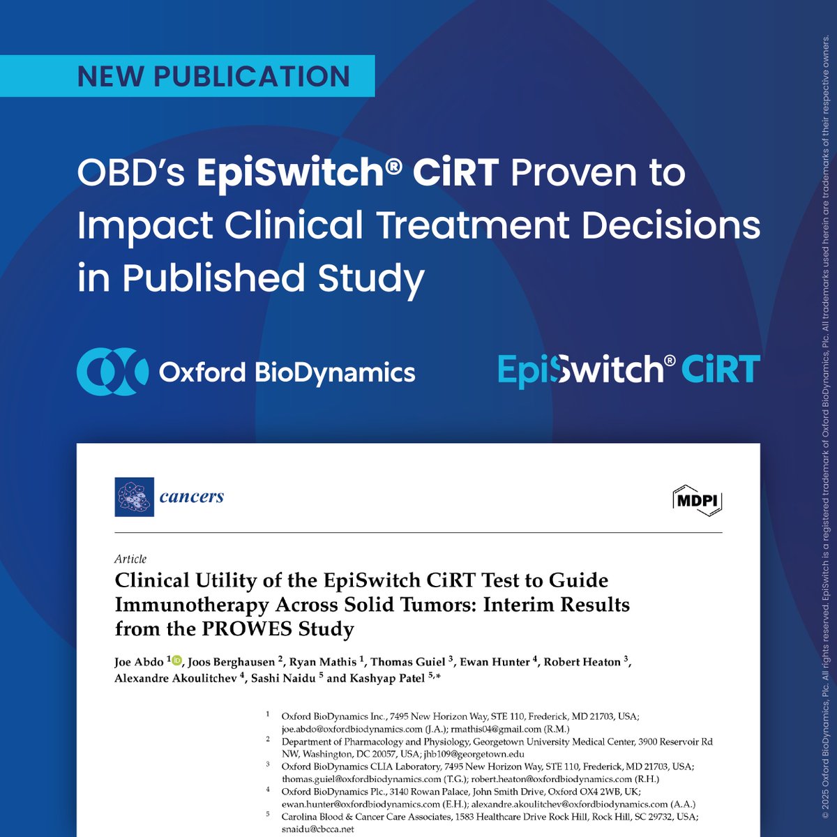 <a href="/OxBioDynamics/">Oxford BioDynamics</a>' <a href="/EpiSwitchCiRT/">EpiSwitch CiRT</a> strongly impacts #immunotherapy #CancerTreatment decisions:
✅Influenced 61% of cases
✅Results closely match outcomes
✅Peer-reviewed interim results of #PROWES trial
🔗mycirt.co/pws

#OBD @Keytruda @Tecentriq @Imfinzi @Opdivo @Bavencio