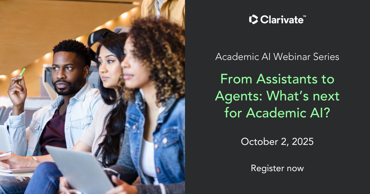 ClarivateAG's tweet image. Academic AI is entering a new phase: From assistants to agents that plan, reason and act. Join our webinar to explore how this evolution will impact research and learning across institutions. #AcademicAI #HigherEd #ResearchTech
Register now: ow.ly/4FCy50WP86w