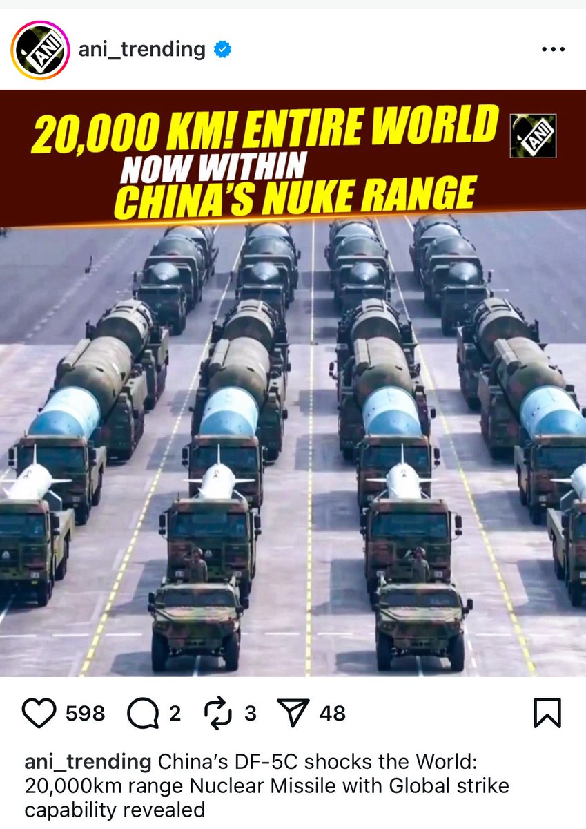 AV_JASWAL's tweet image. China unveiling a 20,000 km nuclear missile capability is not just a show of power—it’s a direct threat to global peace and stability. The world must respond with unity, vigilance, and diplomacy . #China #GlobalSecurity #NuclearThreat

instagram.com/p/DOJksg5EvRE/…