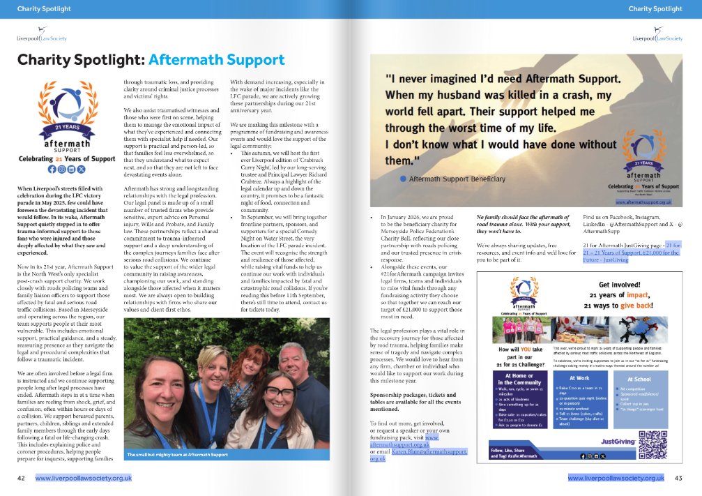 Delighted to be featured in the Sept edition of Liverpool Law Society newsletter! Huge thanks for spotlighting our work supporting those affected by road traffic collisions.
👉 Read on p.42: flickread.com/edition/html/i…

#CharitySpotlight #AftermathSupport