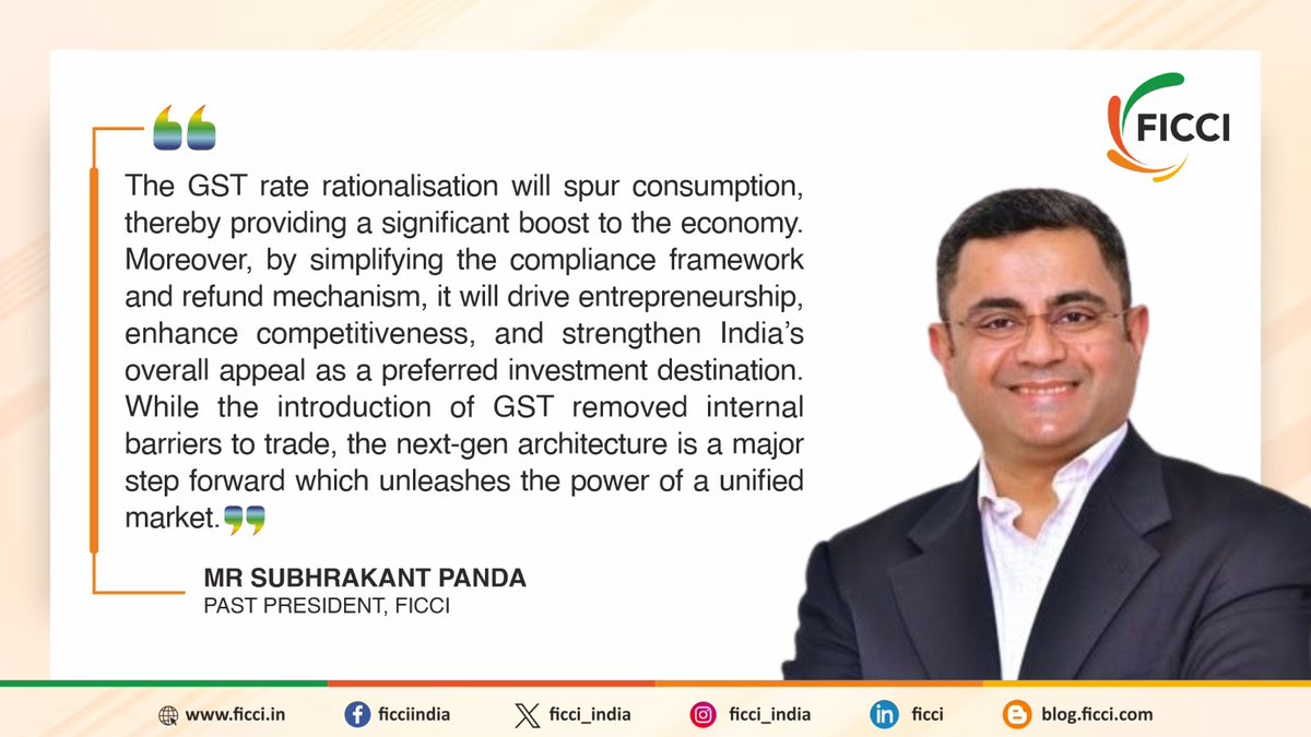 The #GST rate rationalisation will spur consumption, thereby providing a significant boost to the economy. Moreover, by simplifying the compliance framework and refund mechanism, it will drive entrepreneurship, enhance competitiveness, and strengthen India’s overall appeal as a