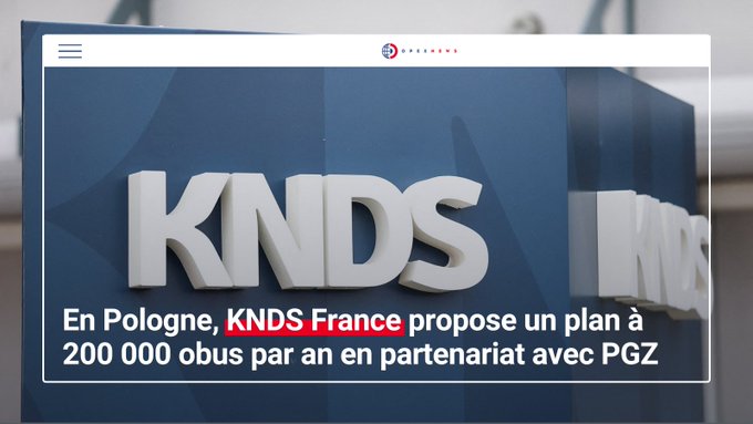 A large 3D sign with the text "KNDS" in white letters on a blue background. Red text below reads "En Pologne, KNDS France propose un plan à 200 000 obus par an en partenariat avec PGZ." A website header with the OpexNews logo is visible at the top.