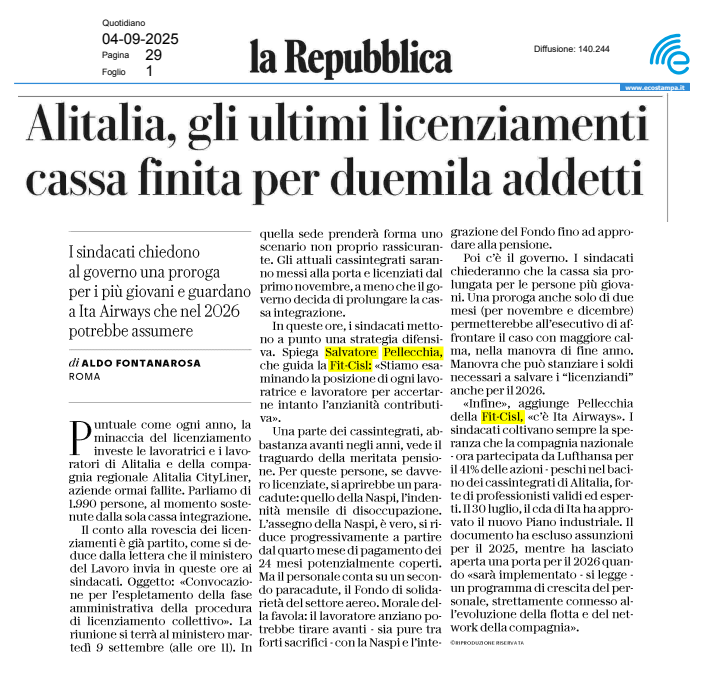 FitCisl's tweet photo. #4settembre 🗣️ #Licenziamenti @Alitalia e futuro dei #lavoratori in cassa integrazione
📌Chiediamo al Governo soluzioni concrete per tutelare le circa 2000 persone coinvolte
✅ Proroga della cassa integrazione
✅ Definizione di azioni mirate per accompagnamento alla pensione 
📰 Le dichiarazioni del Segretario Generale @FitCisl @salvopellecchia su @repubblica 
👇Leggi