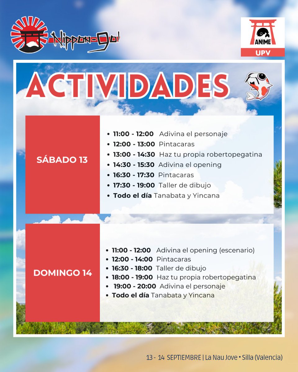 Club de Anime UPV nos acompaña un año más preparando una batería de actividades 🤩

Estarán presentes ambos días en NipponGo! 2025 en su puesto y realizando actividades para todas las edades ¿Te lo vas a perder? 🔥
---
📅 13 • 15 Septiembre 2025
📍 La Nau Jove • Silla, Valencia