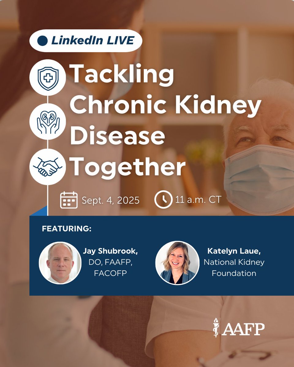 Margot Savoy MD, MPH, FAAFP (@margotsavoy) on Twitter photo REMINDER |  >37 million Americans are affected by chronic kidney disease, yet 9 out of 10 don’t know they have it. Join @AAFP's upcoming LinkedIn Live TODAY to learn more about how early detection & coordinated care make a difference: ter.li/ckdlive REMINDER |  >37 million Americans are affected by chronic kidney disease, yet 9 out of 10 don’t know they have it. Join @AAFP's upcoming LinkedIn Live TODAY to learn more about how early detection & coordinated care make a difference: ter.li/ckdlive