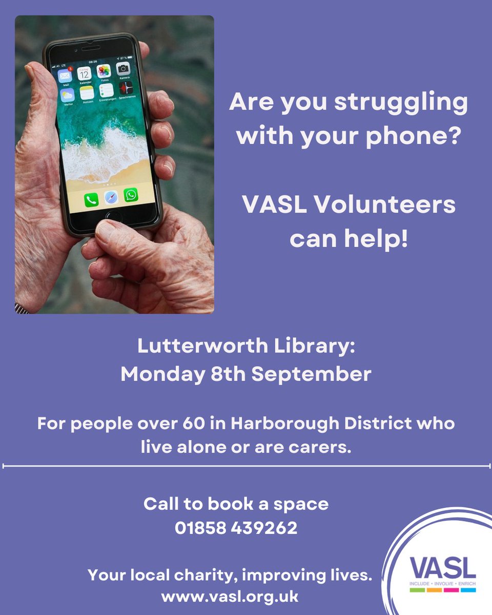 VASL:  Your local charity (@vaslonline) on Twitter photo 📱Need a helping hand with your phone or tablet?
Our friendly Digital Volunteers are here to support you. Whether it’s sending emails, connecting with family, or just gaining more confidence, we can guide you step by step.
#DigitalSupport #TechHelp #CommunitySupport #GetConnected 📱Need a helping hand with your phone or tablet?
Our friendly Digital Volunteers are here to support you. Whether it’s sending emails, connecting with family, or just gaining more confidence, we can guide you step by step.
#DigitalSupport #TechHelp #CommunitySupport #GetConnected