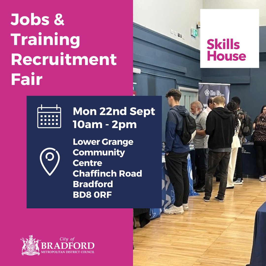 SkillsHouseBfd's tweet photo. 📣 Announcing our next Jobs &amp; Training Fair 📣

Come along to meet employers and training providers, and get advice about taking steps towards a new job!  For more info and to book a FREE place, go to https://t.co/TsnwaZkwiS https://t.co/rmq6l3Vk6b