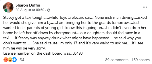Polito_loco's tweet photo. 🚨WATERFORD - SHARE FOR AWARENESS

An Irish mother has taken to Facebook in recent days to highlight that a non-national taxi-driver attempted to sexually assault her 17 year-old daughter. 

Tarakhel Gulrasoul was driving a white Toyota EV and has the Driver License number: L8493.

Sharon's daughter was asked by Tarakhel Gulrasoul to give him a blowjob, and when she refused he dumped her no where near her home. 

Gardai of course visited Sharon to request she remove her posts which she has refused to do in the hopes it saves another young girl or woman, more the pity Gardai don't have the same mindset.

Gulrasoul seems to have changed his vehicle since Sharon's posts went viral on Facebook, something to hide?

With Sharon's post gaining traction on Facebook multiple women have come forward with more stories about Gulrasoul and you can read in the below tweet.