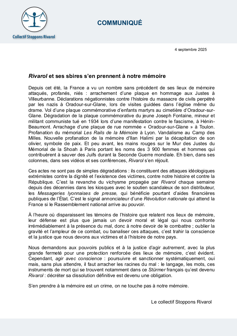 Communiqué #StopRivarol
« Le langage, les mots, sont des instruments de mort... S’en prendre à la mémoire est un crime, on ne touche pas à notre mémoire. » Dissolution de Rivarol.
🧵