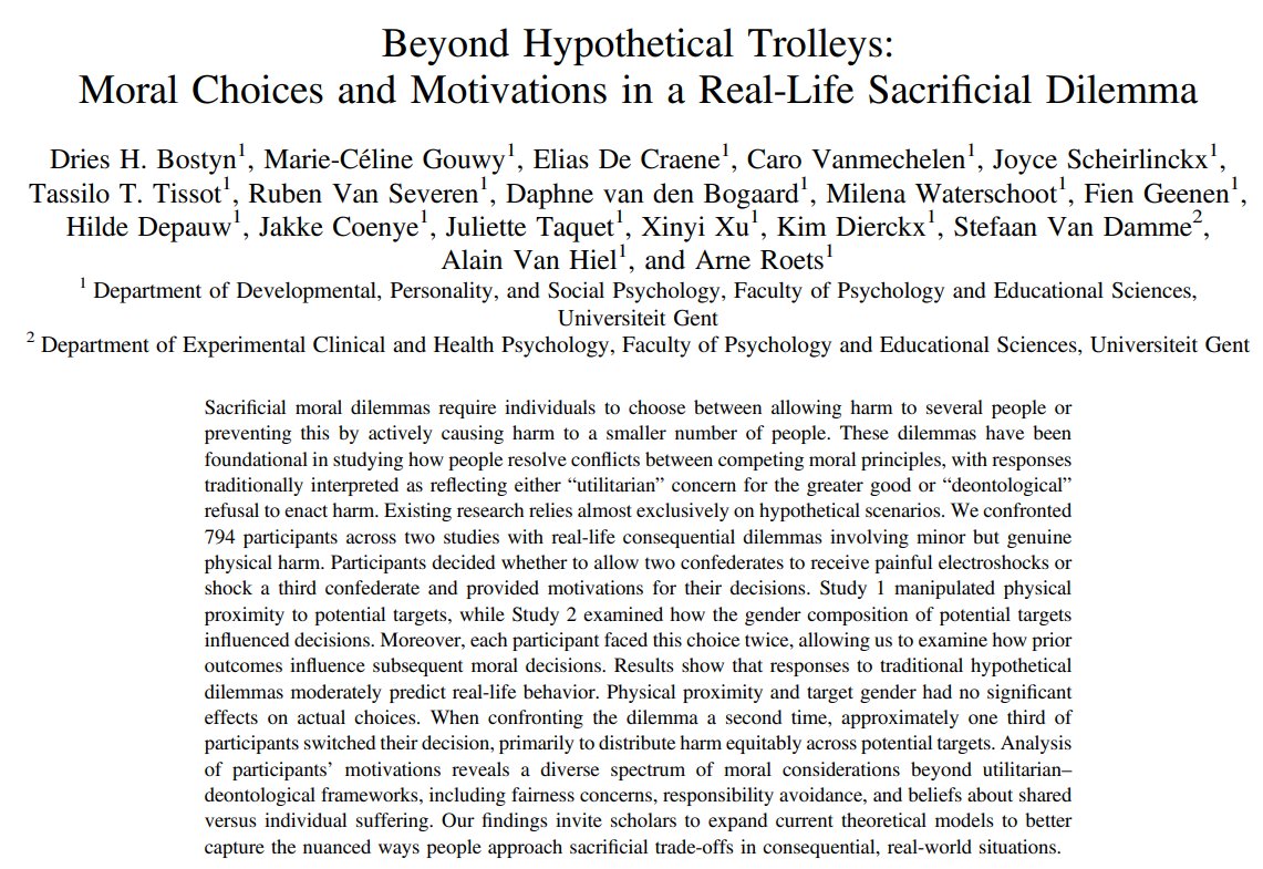 Dries Bostyn (@dhbostyn) on Twitter photo Upcoming in JPSP
Psychologists study morality by having people respond to hypothetical "trolley dilemmas". We confronted people with a real-life version. Not with runaway trolleys, but with people hooked up to electroshock machines: "Do you want to save two people from pain by Upcoming in JPSP
Psychologists study morality by having people respond to hypothetical "trolley dilemmas". We confronted people with a real-life version. Not with runaway trolleys, but with people hooked up to electroshock machines: "Do you want to save two people from pain by