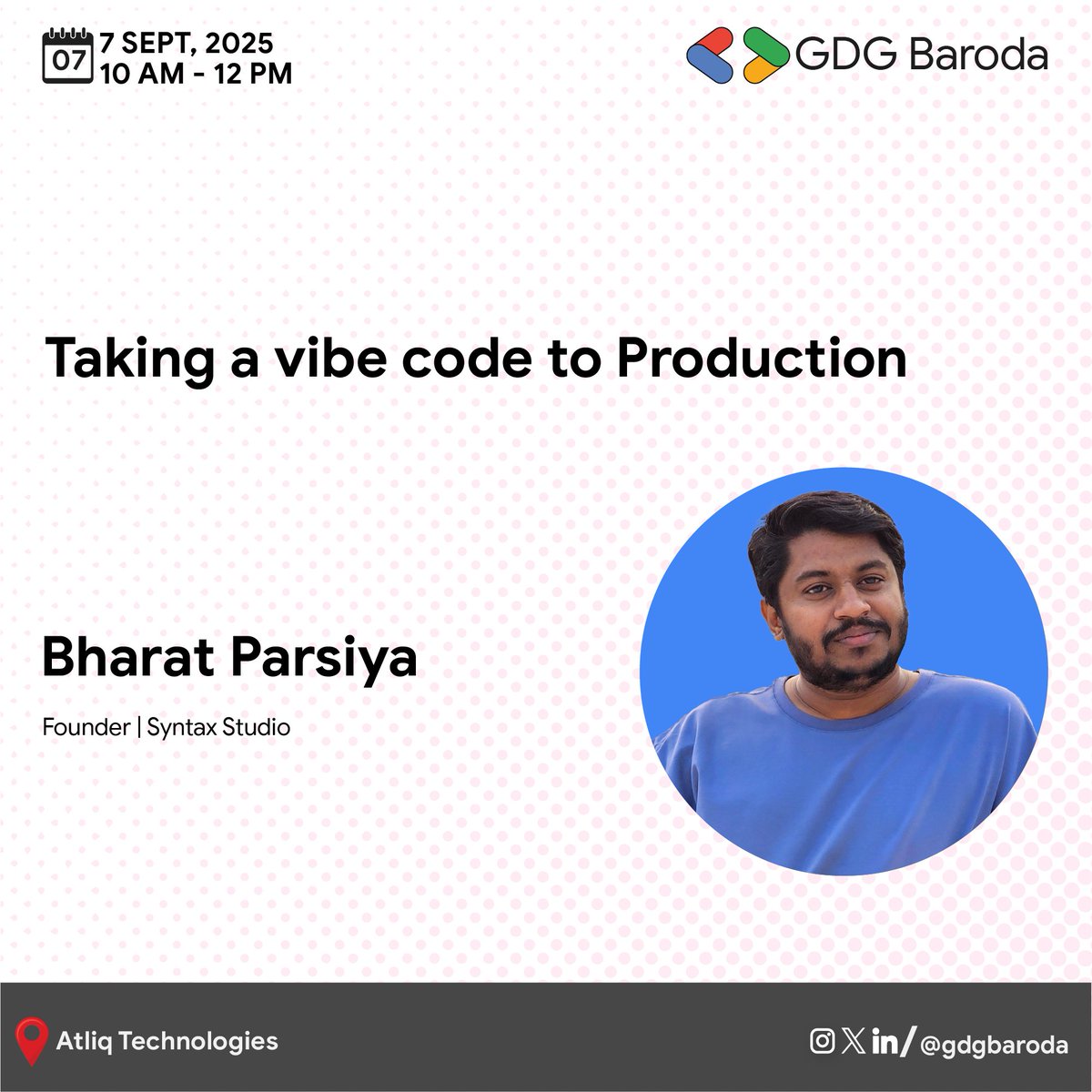 GDGBaroda's tweet image. 🚀 GDG Baroda Meetup is back!
Topic: Taking a Vibe Code to Production
🎤 Speaker: @bnap00 , Founder @thesyntaxstudio
📅 7 Sept 2025 | ⏰ 10 AM – 12 PM
📍 Atliq Technologies
🔗 Register: bit.ly/3HHzHhb
@GDGIndia #CodeToProduction #DevFestBaroda #RoadtoDevFest