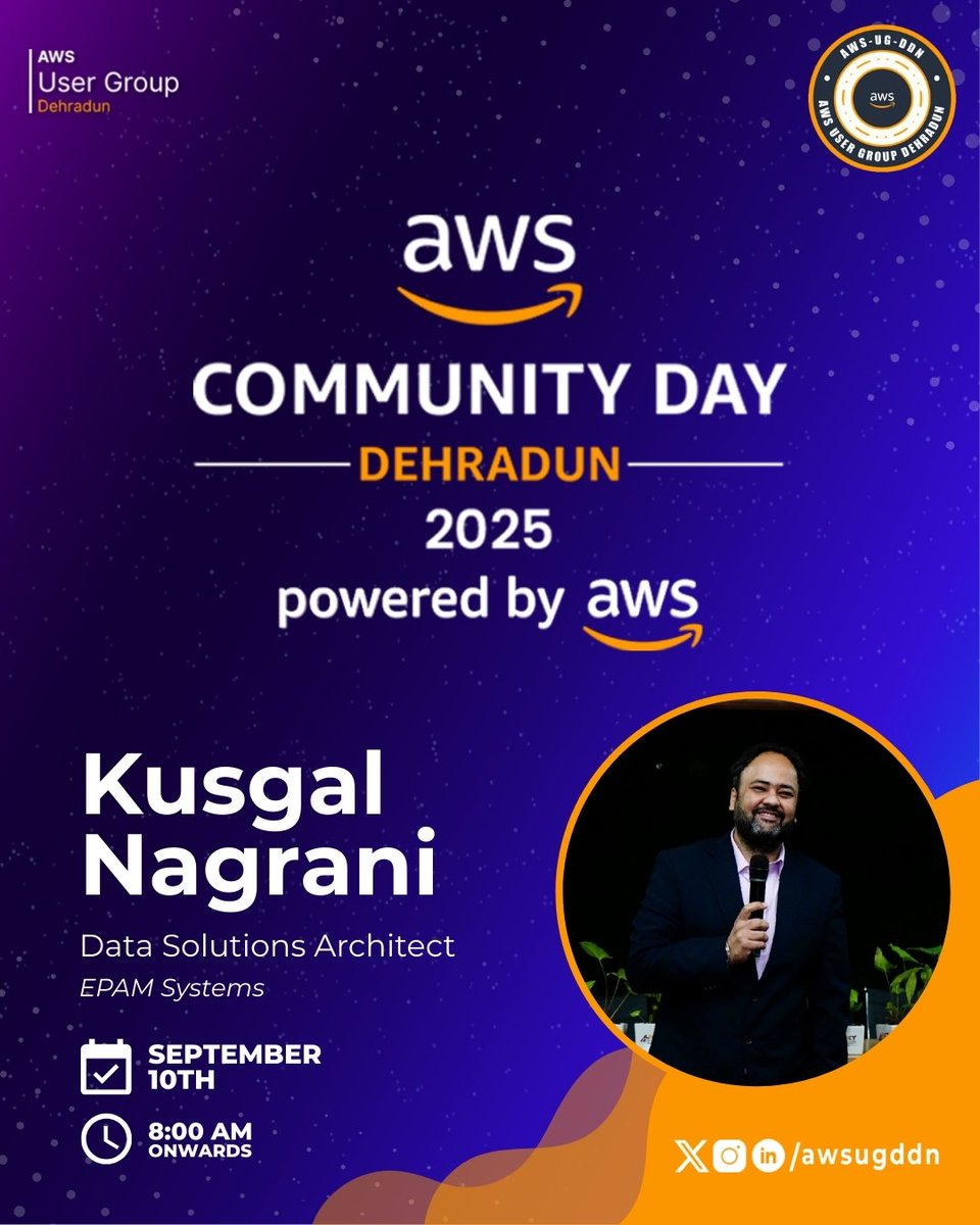 AWS User Group Dehradun (@awsugddn) on Twitter photo π SPEAKER ANNOUNCEMENT! Kushal Nagrani, Data Solutions Architect <a href="/EPAMSystems/">EPAM Systems</a> & recent CEO Award winner, is coming to AWS Community Day Dehradun 2025! 12+ years in data + fresh insights from Global AWS Community Day Kolkata! π #AWSCommunityDay #DataArchitecture π SPEAKER ANNOUNCEMENT! Kushal Nagrani, Data Solutions Architect <a href="/EPAMSystems/">EPAM Systems</a> & recent CEO Award winner, is coming to AWS Community Day Dehradun 2025! 12+ years in data + fresh insights from Global AWS Community Day Kolkata! π #AWSCommunityDay #DataArchitecture