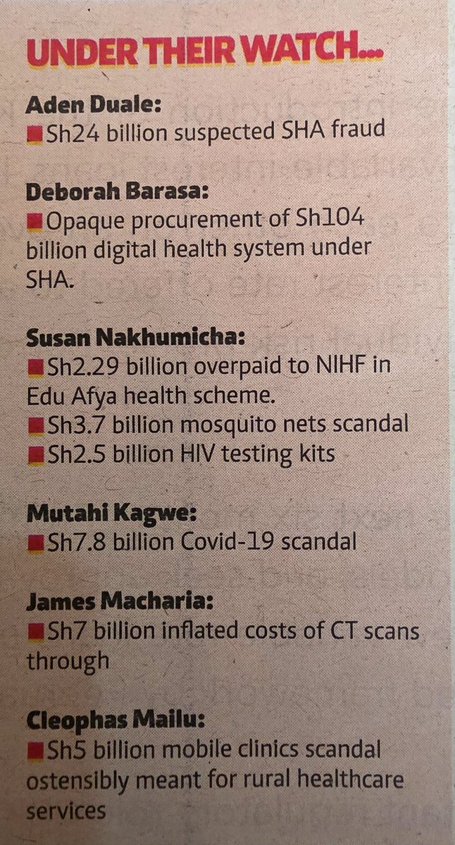 The very sorry state of the Ministry of Health. Every Minister who has served their has presided over his/her own scam.
Aden Duale tops with the 24 billion suspected SHA fraud.