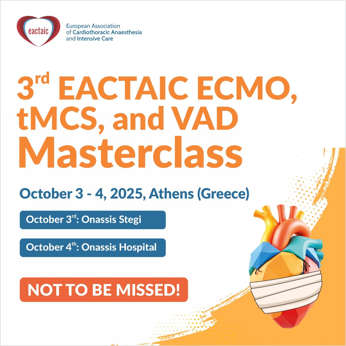 🚨 Discover the updated programme of our upcoming Masterclass in Athens, October 3-4, 2025!

📅 Don’t miss this unique opportunity to boost your #ECMO, #tMCS and #LVAD skills with top experts.

🔗 Register now and secure your spot!

🏨 Accommodation
Check the suggested hotels