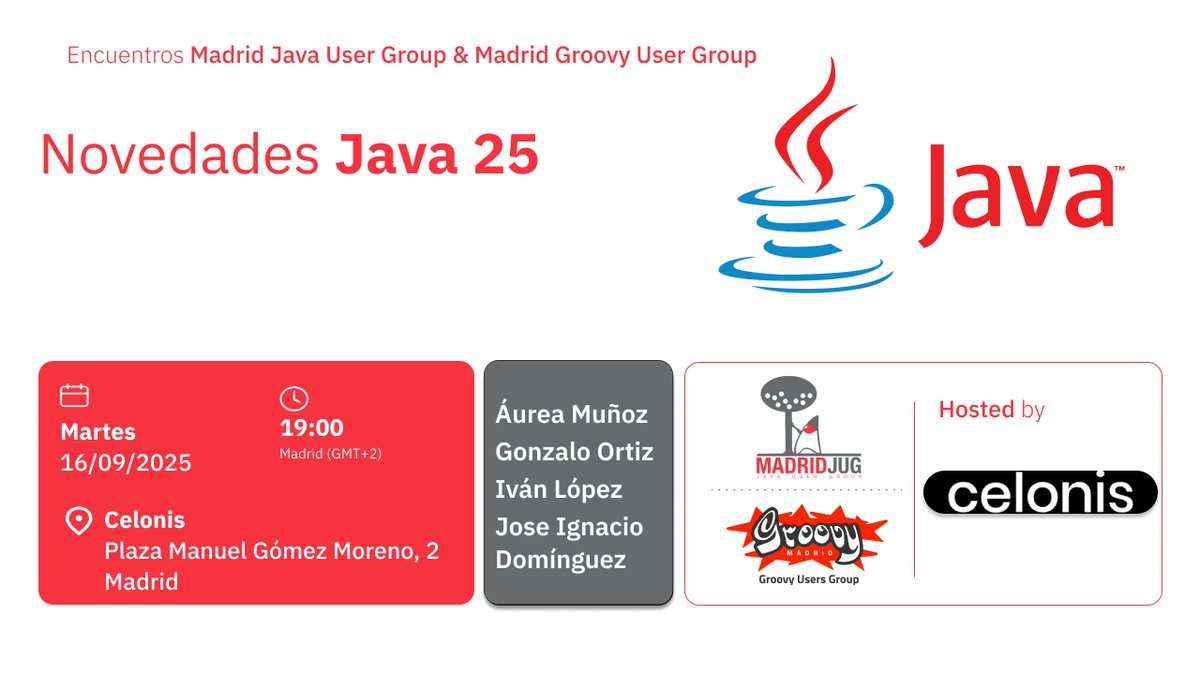 🚀 ¡Estamos de vuelta tras el verano!
Y qué mejor que arrancar con la presentación de #Java 25 ☕️

Únete a nuestra charla grupal sobre todas las novedades
¡No te la pierdas! 👇🏼

📅 Mar 16 Sep 19:00
📍 Oficinas de Celonis
🧑🏼‍🤝‍🧑🏼 meetup.com/madrid-gug/eve…