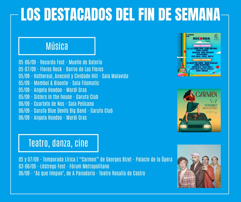 CorunaTurismo's tweet photo. 📢 ¡El primer fin de semana de septiembre viene lleno de planes para disfrutar al máximo de la vida cultural de la ciudad!
🎤🎶 El #RecordaFest, el inicio de la #TemporadaLírica con "Carmen", o el #FloresRock, son citas imperdibles de estos días.
#VisitCoruna #CulturaDeVivir https://t.co/3z5lhD0UFL