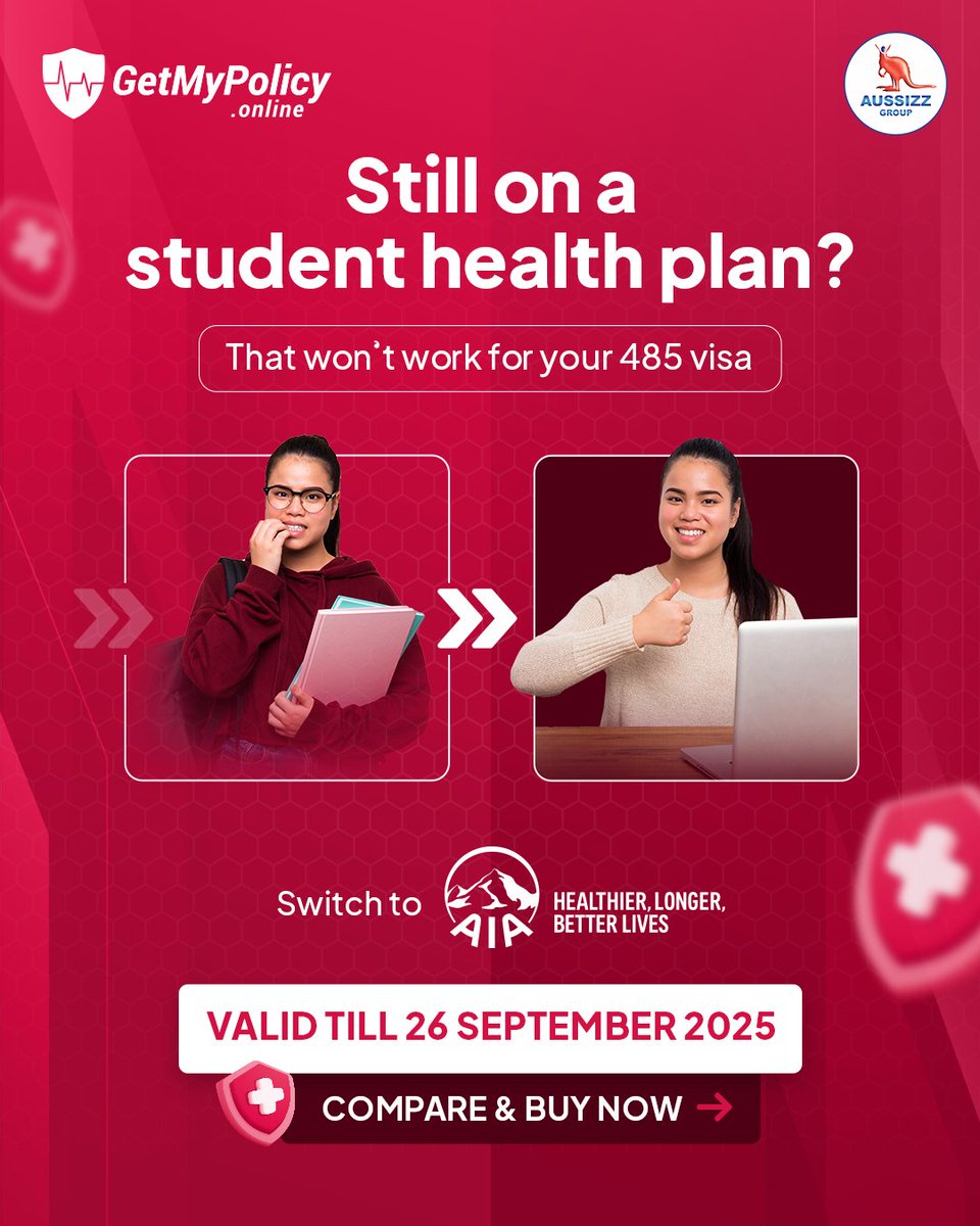 Your 485 visa requires the right health cover - not a student plan.

With AIA Health’s 𝐎𝐕𝐇𝐂, you can stay visa compliant and enjoy peace of mind.

𝐁𝐮𝐲 𝐍𝐨𝐰: getmypolicy.online/ovhc

#GetMyPolicy #VisaHealthCover #OVHC #485Visa #AustraliaJourney #AIAHealth