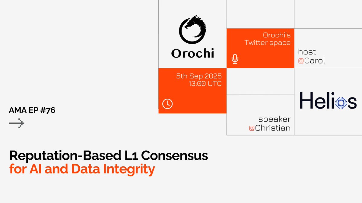 Orochi Network (@orochinetwork) on Twitter photo βΆοΈ Reputation-Based L1 Consensus for AI and Data Integrity
π Host: Orochi x <a href="/helios_layer1/">Helios Blockchain</a>
How can modular L1 architecture and verifiable data infrastructure unlock the full potential of AI in Web3?
Join us in this session to know the answer.
π Christian Alexandrescu - CMO βΆοΈ Reputation-Based L1 Consensus for AI and Data Integrity
π Host: Orochi x <a href="/helios_layer1/">Helios Blockchain</a>
How can modular L1 architecture and verifiable data infrastructure unlock the full potential of AI in Web3?
Join us in this session to know the answer.
π Christian Alexandrescu - CMO