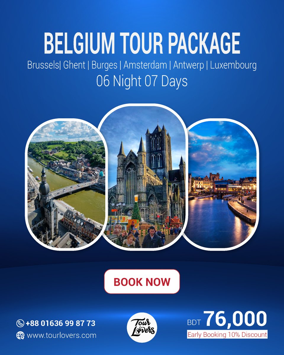 dm_shovo's tweet photo. Your dream Europe trip is here! 🌍✨
Discover the charm of Belgium &amp; Beyond!

💰 From BDT 76,000 | 🎉 Early Bird 10% OFF
📍 Tour Lovers | 🌐 https://t.co/jVF4airGl5

#BelgiumTour #EuropeTrip #ExploreBelgium #AmsterdamTrip #LuxembourgTravel  #LuxuryTravel #BrugesBeauty #TourLovers https://t.co/C4vBo6fcdI