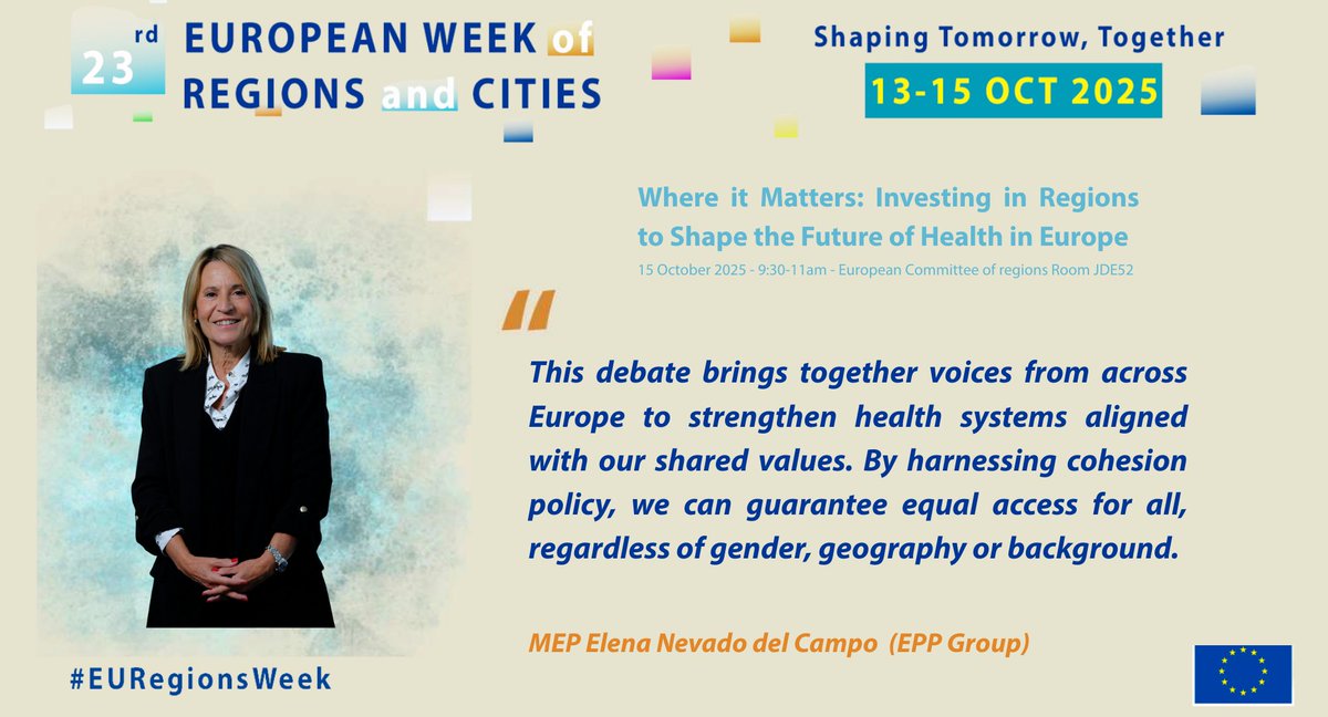 🚨Speaker confirmed!
We’re thrilled to welcome <a href="/nevado_campo/">Elena Nevado del Campo</a>, MEP🇪🇺, to our #EURegionsWeek policy debate:
🗓️15 Oct🕤09:30🏛️RoomJDE52 at CoR
📍“Where it Matters: Investing in Regions to Shape the Future of Health in Europe”
Co-organised by @euregha, <a href="/EU_CoR/">European Committee of the Regions</a> IRGHW &amp; #NATCommission