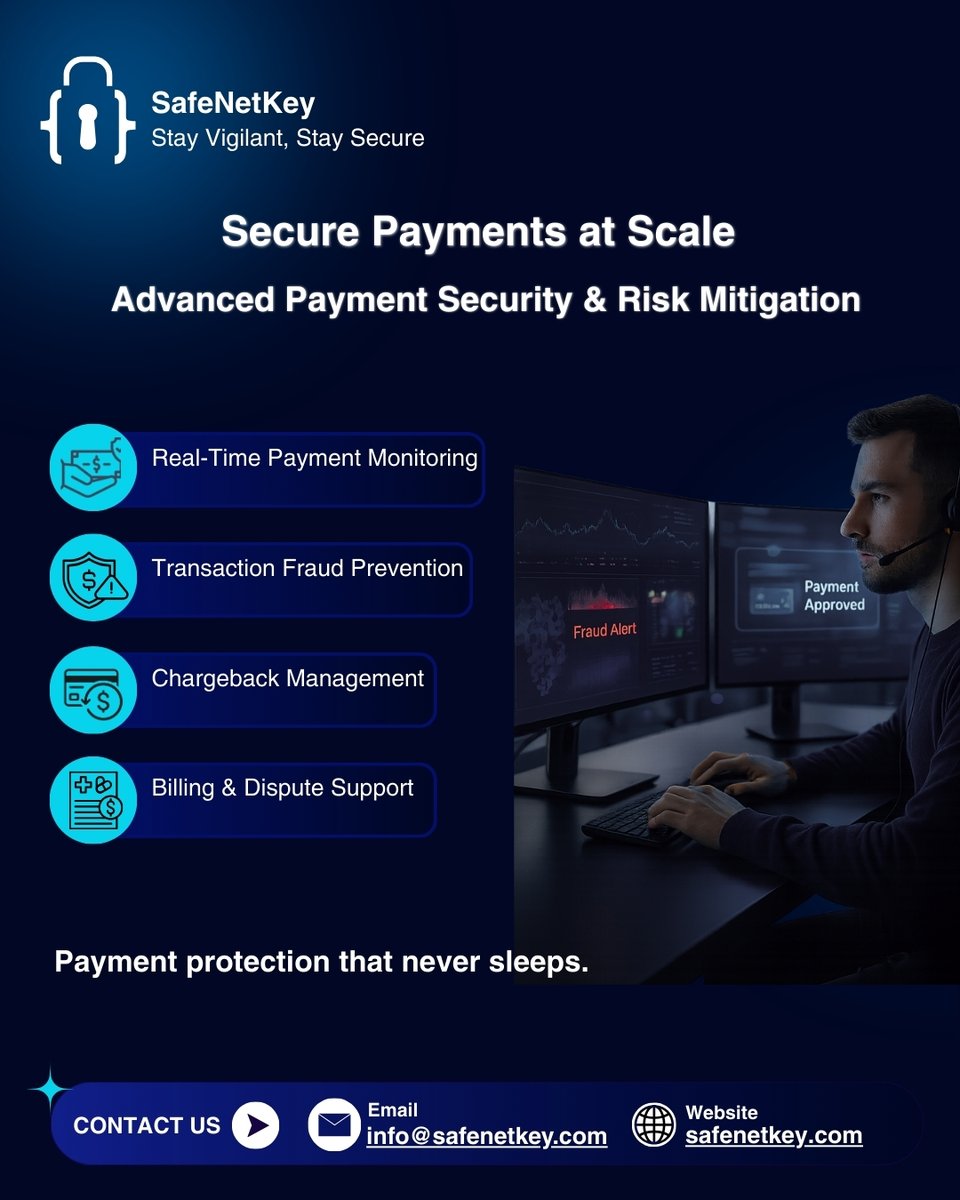 SafeNetKey's tweet image. From monitoring and fraud detection to chargeback handling and dispute resolution, SafeNetKey ensures secure and compliant transactions. Protecting revenue and building trust in every payment.

#safenetkey #PaymentSecurity #FraudPrevention #ChargebackProtection #Fintech