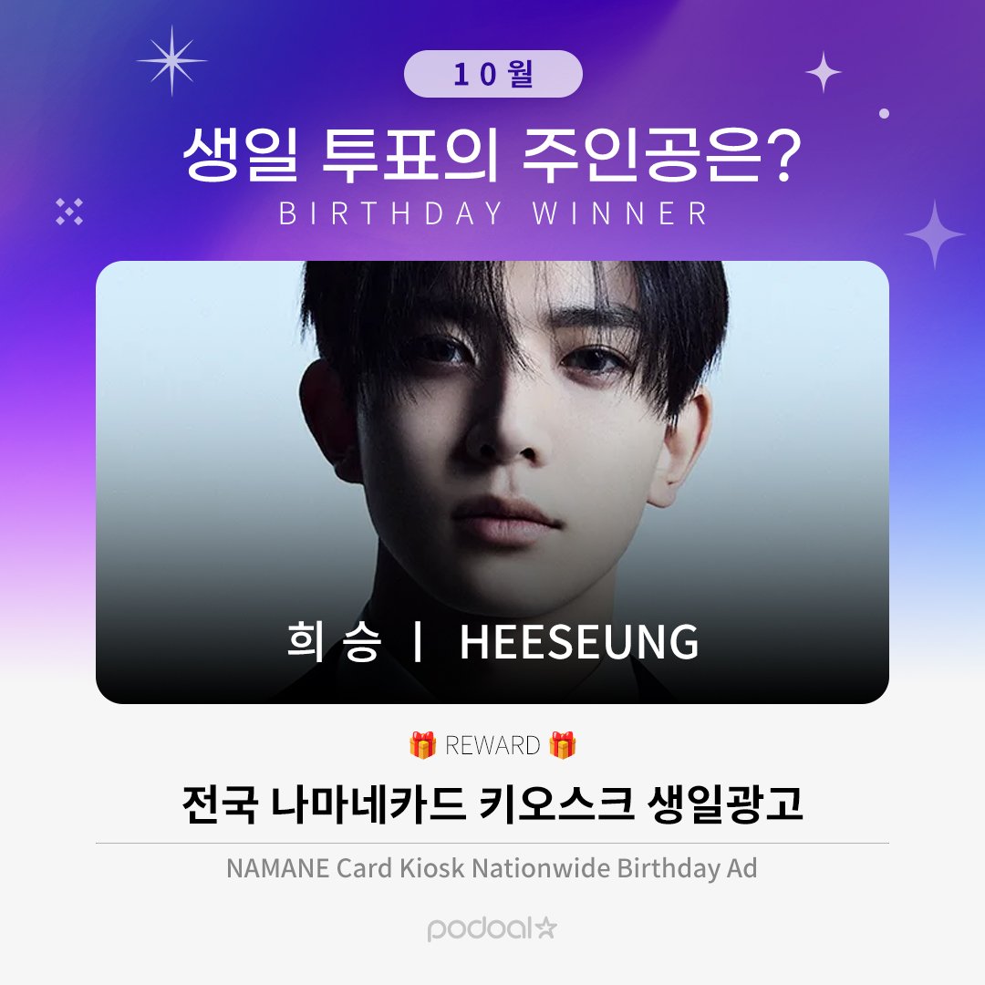 [🎁] PODOAL OCTOBER BIRTHDAY VOTE 

Congratulations!! 🎉

HEESEUNG ranked 2nd place in the recently concluded October Birthday Vote poll in PODOAL. He will receive 82+ NAMANE Kiosk Ads across Korea for 7 days!

Great job, everyone! Thank you so much for voting for HEESEUNG! ❤️‍🔥