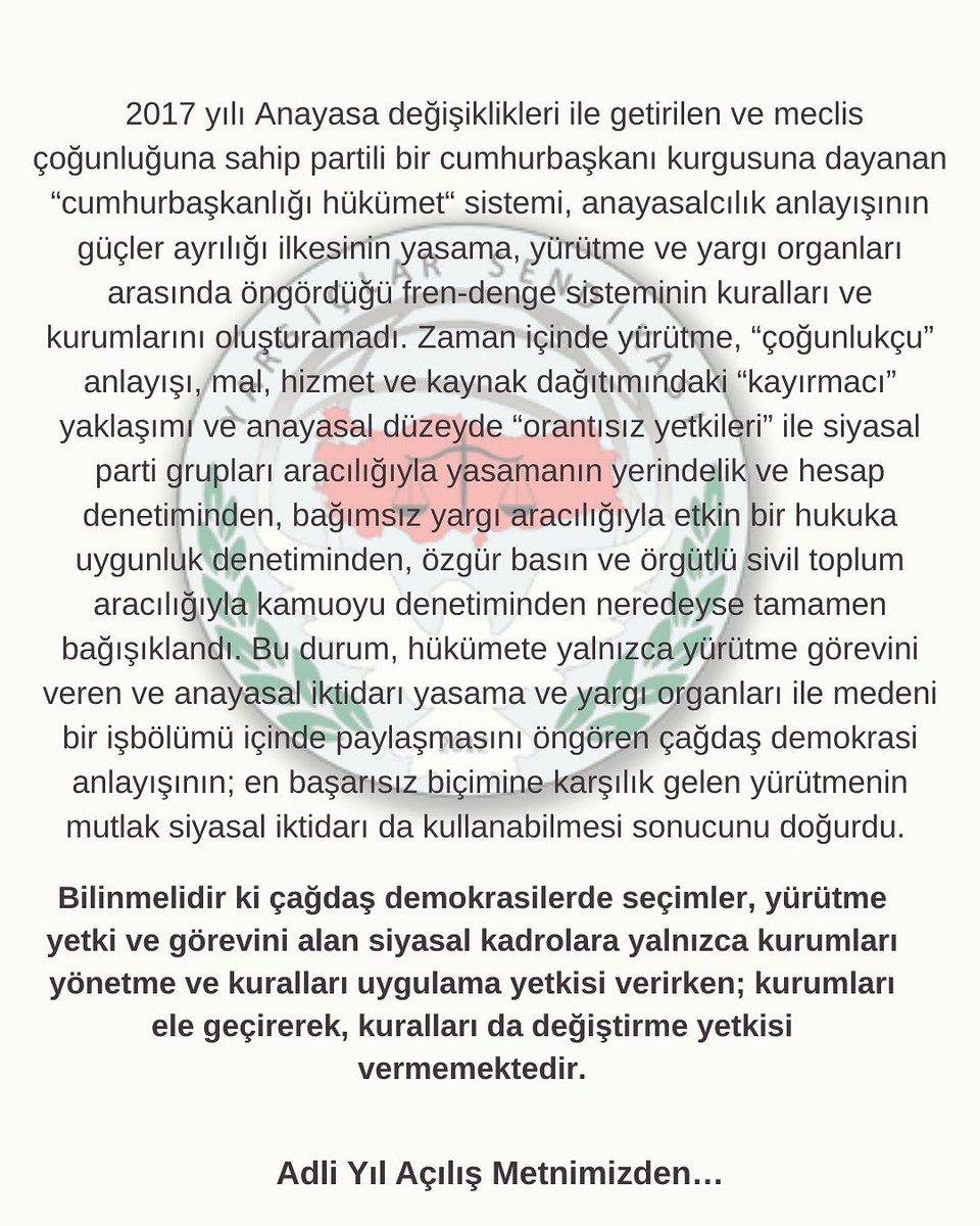 Adalet için emek veren tüm yargı teşkilatının yeni adli yılını kutluyoruz. 

Yeni adli yıl açılışında sendikamızın görüş ve önerilerini web sitemizden okuyabilirsiniz. 

yargiclarsendikasi.org/post/yeniadli-…

#adliyıl #yeniadliyıl #yargıçlarsendikası #adaletbakanlığı #hsyk

<a href="/beyhan1guler/">Beyhan Güler</a>