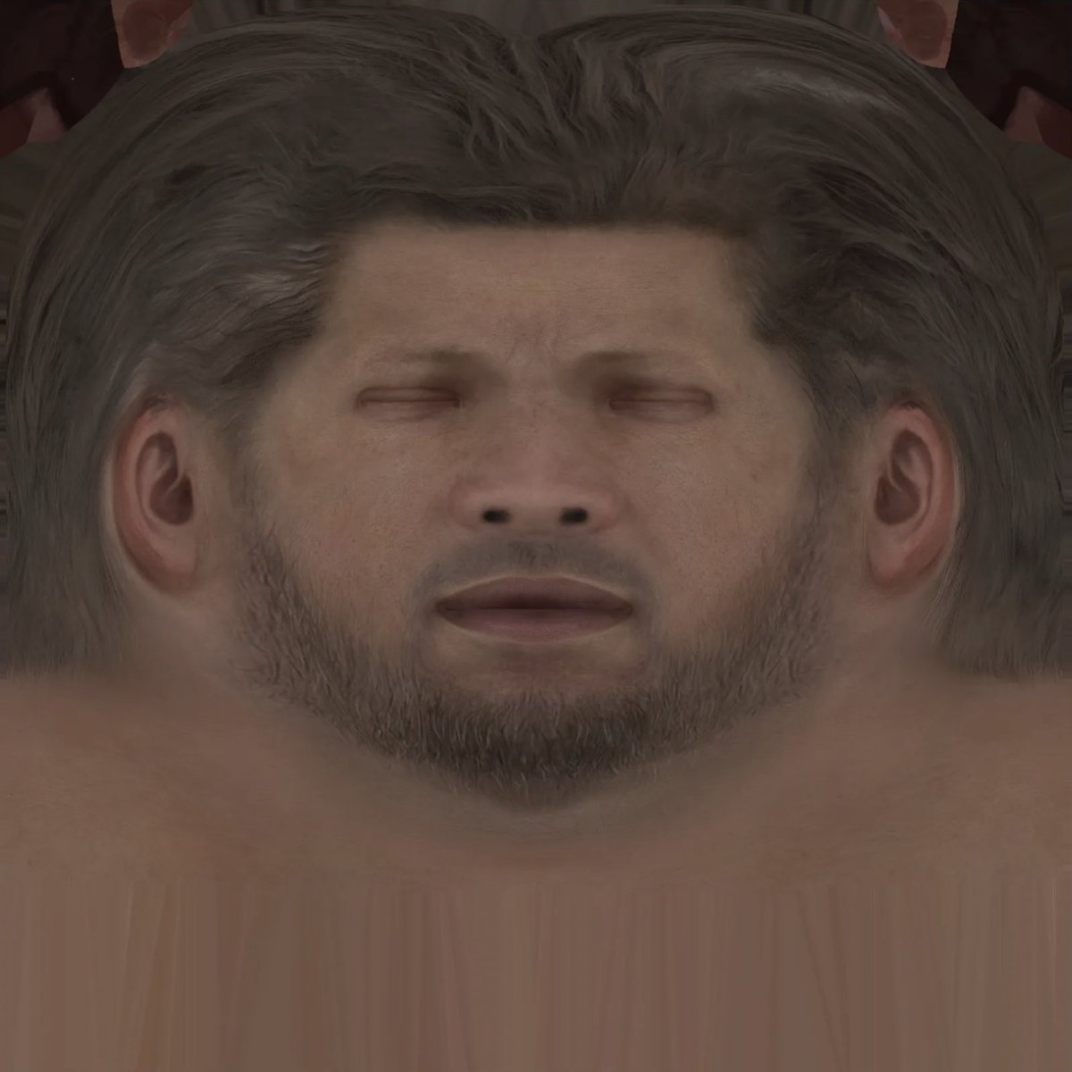 Fun fact: Big Boss's face texture in both the Metal Gear Solid 3 remake and Metal Gear Solid V both use the same hair and beard texture, they're basically 1:1 with MGSV's texture.

Kinda funny seeing young Big Boss greying a bit though, which his actual 3D hair hides.