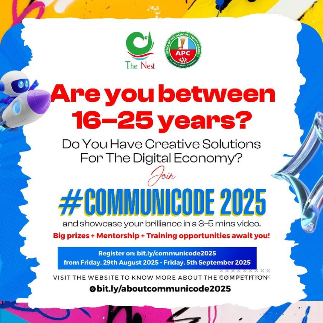 OfficialAPCNg's tweet image. The Office of the APC National Youth Leader, Dr. Dayo Isreal, has launched the virtual competition #COMMUNICODE2025 designed to challenge and empower young Nigerians aged 16 to 25 to develop innovative solutions to real-world problems.
Registration: bit.ly/communicode2025