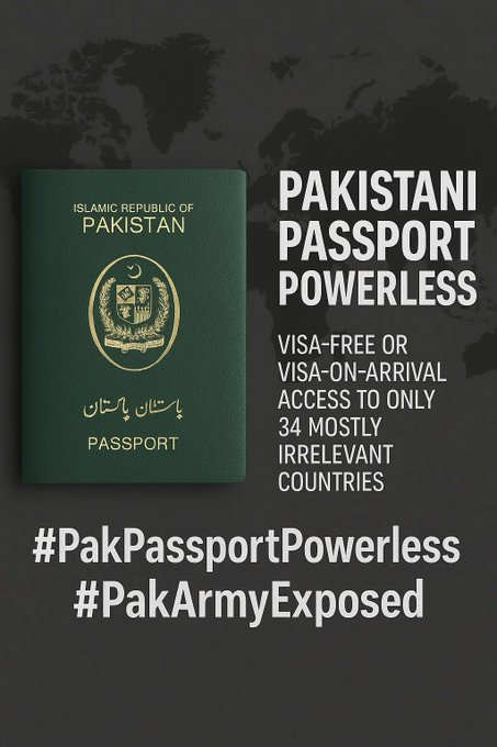 1_Livid's tweet image. With visa-free or visa-on-arrival access to only 34 mostly irrelevant countries, Pakistanis face a world of closed doors. While the Army spends billions on weapons and luxury, it has destroyed global trust. #PakPassportPowerless #PakArmyExposed #TerrorStatePakistan