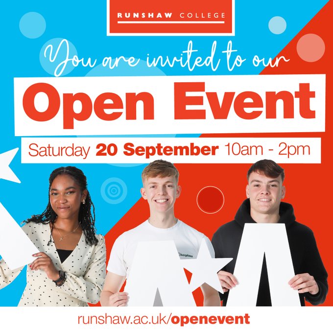 ⭐️Welcome back Yr 11!
🏫Sat 20th Sept is Runshaw College's first open event of the year.
⭐️A great opportunity to see what courses/ opportunities are on offer, speak to subject teachers and tour the campus.
🖱️Register now 
runshaw.ac.uk/openevent/
<a href="/SharplesSchool/">Sharples School</a> <a href="/RunshawCollege/">Runshaw College</a>