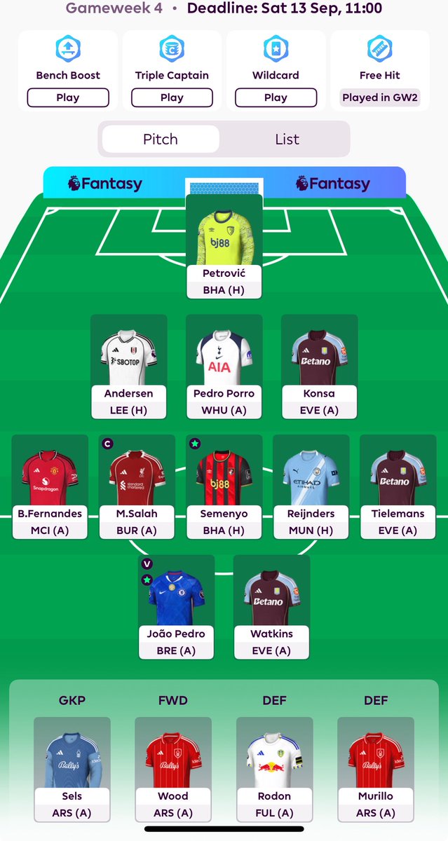 GW4 bus team 🚌 

The team doesn’t look great on paper this week

Hoping Villa can start turning it around - will try and stick with them until GW7 before moving in to Arsenal

Triple Forest v Arsenal not ideal this week 

Hopefully all players make it through the IB