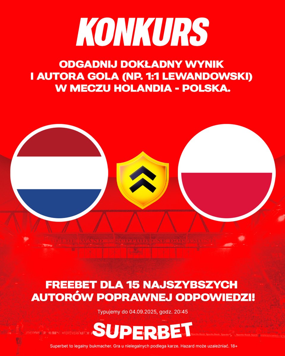 SuperbetPL's tweet photo. #KONKURS! Wytypuj w odpowiedziach dokładny wynik oraz autora gola ⚽️ w meczu Holandia - Polska i zgarnij freebet! #NEDPOL 
-- 

✅ Zaobserwuj @SuperbetPL 
❤️ Polub wpis i 🔄 podaj go dalej 
👤 Dodaj nick z Superbet 
🎁 Nagroda = FREEBET 50 PLN 

Regulamin: https://t.co/bJckWNGBX2 https://t.co/1kdcAjRVJv