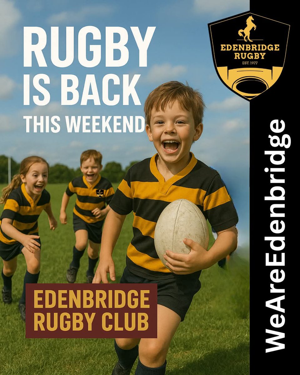 🏉🔥 RUGBY IS BACK AT EDENBRIDGE! 🔥🏉

We’re kicking off the new season this weekend at Edenbridge Rugby Club – and everyone’s invited! 🙌

💛🖤 All age groups training – Broncos, Minis, Juniors &amp; Seniors.
🙋 Bring your friends, bring your family, and get involved!