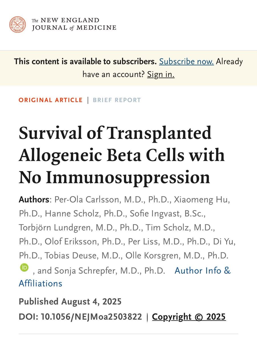 لأول مرة في تاريخ البشرية 
زرع خلايا بيتا المفرزة للأنسولين في عضلات الساعد بدون استخدام ادوية مثبطة للمناعة 
و تعمل بكفاءة في إفراز الأنسولين و تخفيض السكر التراكمي  في الدم 
 لاول مرة  امل حقيقي لعلاج جذري لمرض السكر