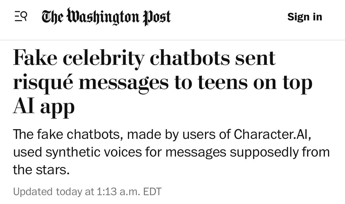 It can't be! Seriously?? 😱 

Do you think they pulled their heads out of the sand because suddenly and really took care of the safety of teens or because it became fashionable to write about the danger of AI?

washingtonpost.com/technology/202…