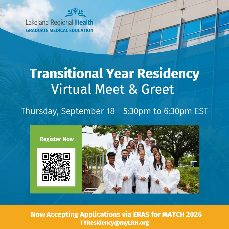 LRHGME_TY's tweet photo. Join us VIRTUALLY to learn about the Transitional Year Program at Lakeland Regional Health! Scan the code for the links! 
We can't wait to meet you!
#ERAS2026 #MATCH2026 #medstudent #TransitionalYear #transitionalyearresidency #Residency https://t.co/69VtdpyXp8