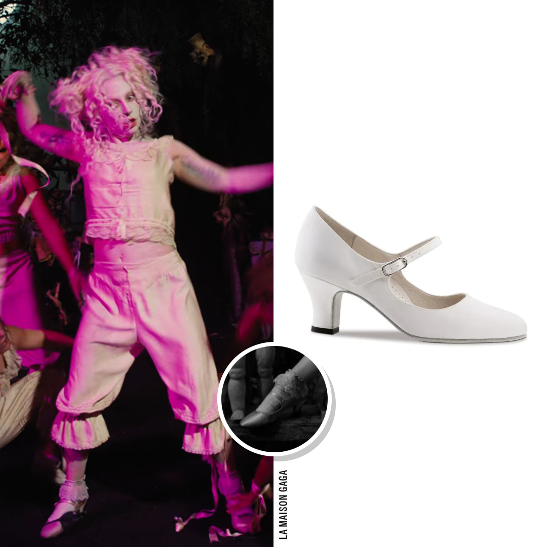 lamaisongaga_'s tweet photo. 'The Dead Dance' M/V fashion credits! Lady Gaga took over the role of a broken porcelain doll in a full costume designed by Wednesday costume designer #ColleenAtwood, which she completed with "Ashley 60" satin heels by #WernerKern from #WorldtoneDance! https://t.co/lbqLzHfYKm