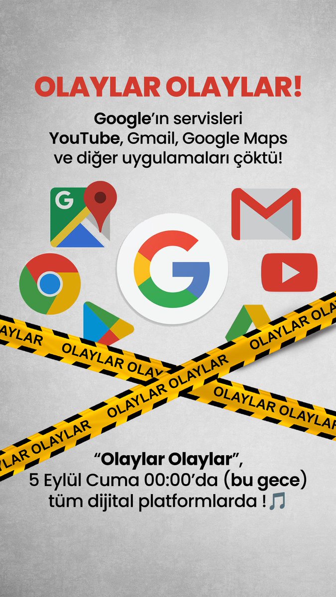 Faruk K (@farukkcomtr) on Twitter photo 🚨 #Google’ın servisleri #YouTube, #Gmail, #GoogleMaps ve diğer uygulamaları çöktü!
#OlaylarOlaylar, 5 Eylül Cuma 00:00’da (bu gece) tüm dijital platformlarda! 📷🎵 <a href="/tugceguder/">Tugce Guder</a> 🚨 #Google’ın servisleri #YouTube, #Gmail, #GoogleMaps ve diğer uygulamaları çöktü!
#OlaylarOlaylar, 5 Eylül Cuma 00:00’da (bu gece) tüm dijital platformlarda! 📷🎵 <a href="/tugceguder/">Tugce Guder</a>
