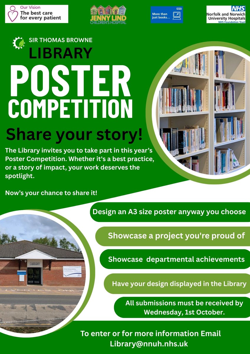 NNUH Library (@nnuh_library) on Twitter photo It’s BACK! 🎉 The Library Poster Competition returns.
Do you have a story of impact or best practice or something else that deserves the spotlight? This is your chance to share. Design a poster and share with us what you're most proud of.  #LoveYourLibrary #STBLibrary It’s BACK! 🎉 The Library Poster Competition returns.
Do you have a story of impact or best practice or something else that deserves the spotlight? This is your chance to share. Design a poster and share with us what you're most proud of.  #LoveYourLibrary #STBLibrary