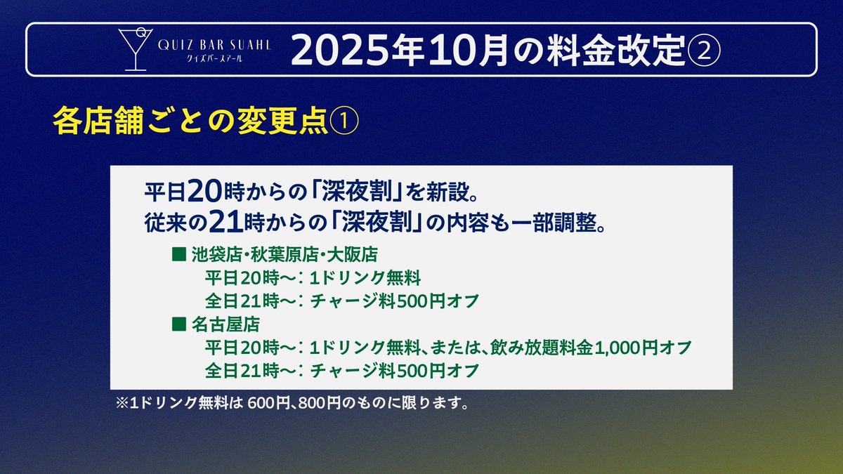 quizbar_suahl's tweet image. 【料金改定のお知らせ】

平素よりクイズバースアールをご愛顧いただき、誠にありがとうございます。
このたび、原材料費・人件費・諸経費の高騰に伴い、誠に勝手ながら2025年10月1日より料金を改定させていただく運びとなりました。…