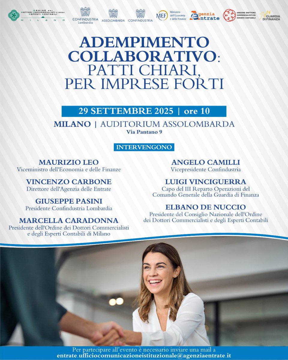 Il  29 settembre farà tappa a #Milano l'evento del ciclo su #Adempimento  #collaborativo "Patti chiari, per #imprese forti", promosso da  #AgenziaEntrate, <a href="/MEF_GOV/">MEF</a> e <a href="/Confindustria/">Confindustria</a>. 
🕙 ore 10
📍 Auditorium Assolombarda - Via Pantano 9

#cooperative #compliance