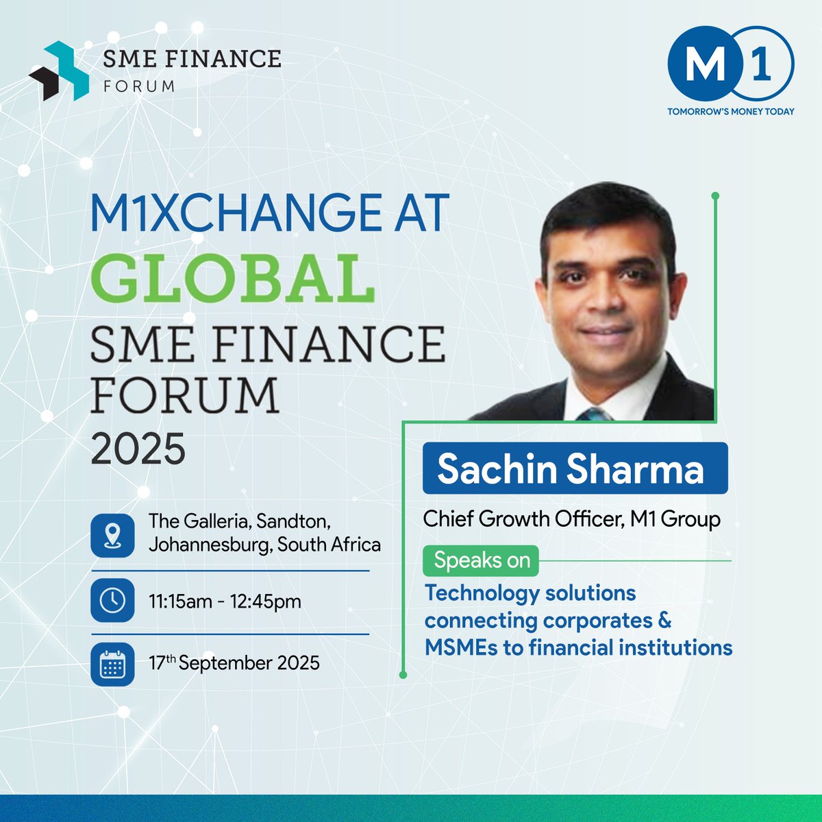 M1xchange's tweet image. Mr. Sachin Sharma, CGO of #M1xchange, will speak at the Global SME Finance Forum 2025 in Johannesburg on driving innovation in supply chain finance & building sustainable global connectivity.
#SMEFinance #Fintech #SupplyChainFinance #SouthAfrica