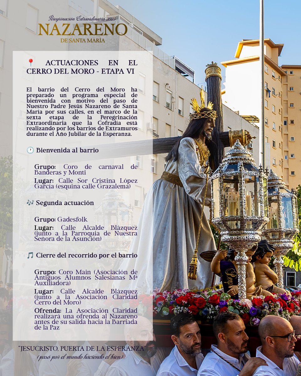 🔴 AMPLIACIÓN - Agenda 4 septiembre:

🎶 Tres actuaciones marcarán el recorrido del Regidor Perpetuo por el Cerro del Moro:

📍 El coro de Banderas y Monti darán la bienvenida en Sor Cristina López García.

📍 Gadesfolk lo acompañará junto a la Parroquia de la Asunción.

📍 El