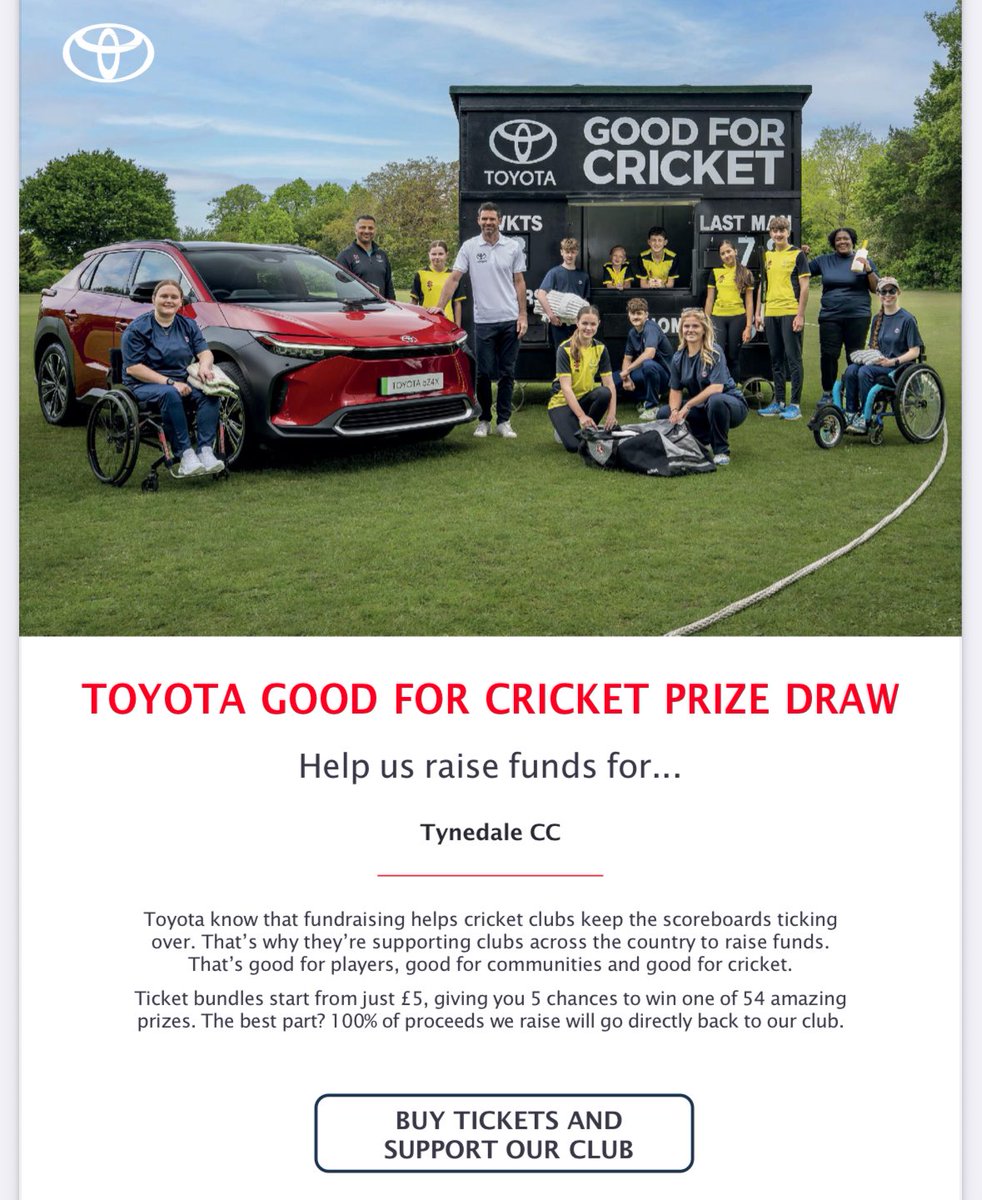🚗 TOYOTA CRICKET PRIZE DRAW 🏏 

🚨 Only 8 weeks to go! 🚨 

We are excited to be taking part in Toyota Good For Cricket Prize Draw, to raise much needed funds and give you, our supporters the opportunity to win big prizes.

toyotagoodforcricket.co.uk/support/tyneda…
