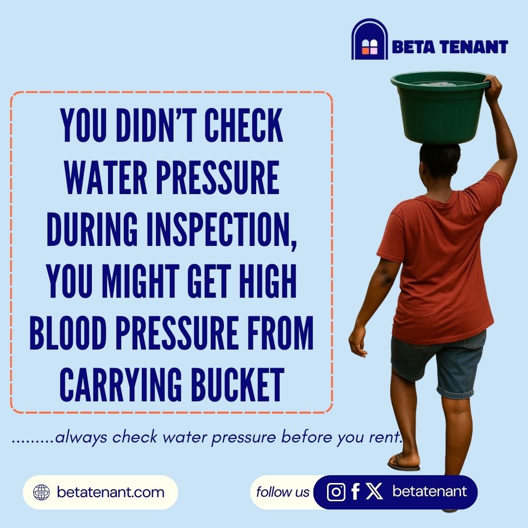 betatenant's tweet image. Rental Tip for Tenants 🏠
Always test the water pressure during your rental inspection. 🚰

If you skip this step you go carry bucket tire😩

Smart tenants inspect everything, starting with the taps.

#RentalTips #TenantGuide #HouseHunting #SmartRenting #RentalChecklist
