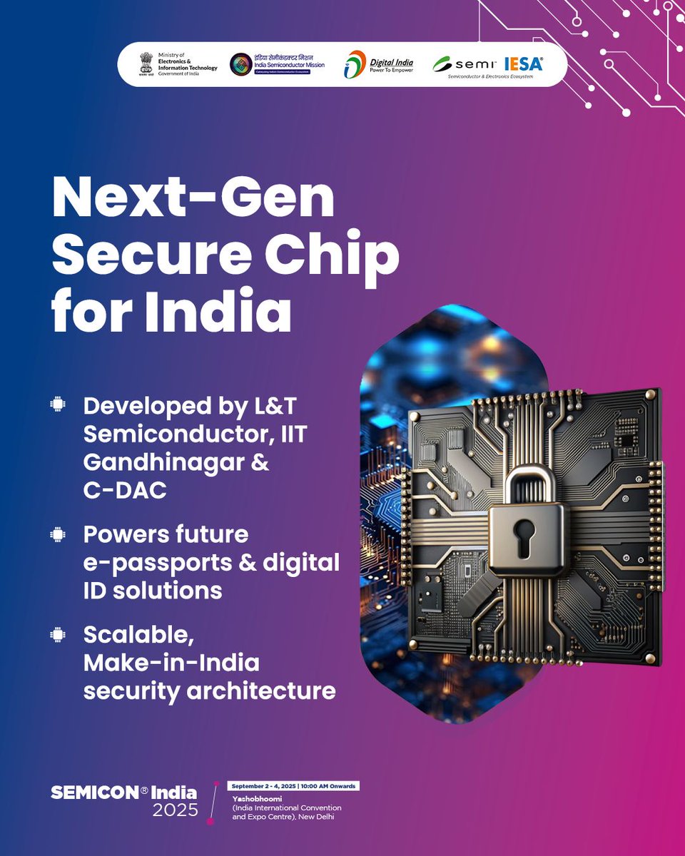 _DigitalIndia's tweet image. Strengthening India’s digital security backbone. The joint development of a Secure Chip with Smart OS is set to transform e-passports and next-gen identity solutions.
#SEMICONIndia2025 #DigitalIndia #SecureTech