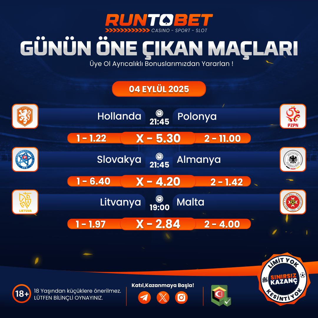 💸 Günün Yüksek Oranlı Öne Çıkan Karşılaşmaları Seni Bekliyor! 

🤩 Durdurulamaz Heyecan , Bitmeyen Kazanç: #Runtobet 'te Yüksek Oranlarla Onlarca Lig Sizi Bekliyor!

⚡️ Kayıplarınıza Anlık %3️⃣0️⃣’a Varan Spor #CashBack Almayı Unutmayınız! 

🏦 runtobet222.com
