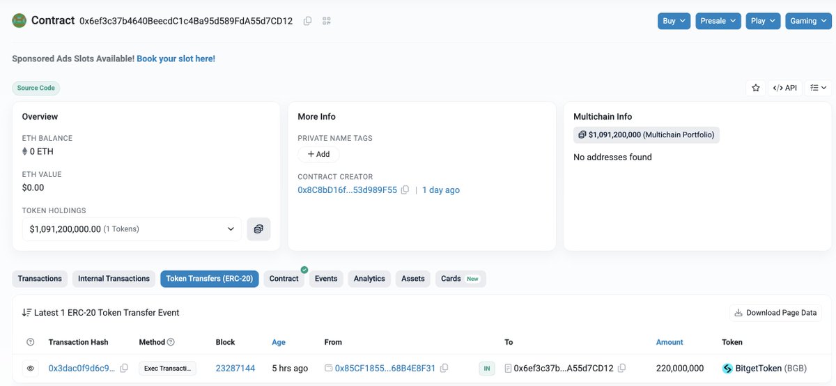 Morph Foundationのウォレットへ送られた2.2億BGBの移転を示すスクリーンショット