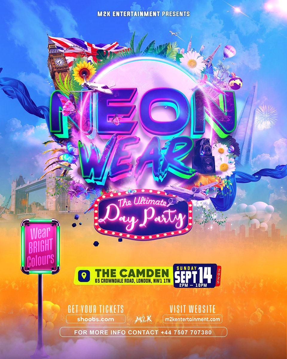 M2KENTERTAINMEN's tweet photo. 𝗡𝗘𝗢𝗡 𝗪𝗘𝗔𝗥
The Ultimate Caribbean Party🎉

📅 𝐒𝐮𝐧𝐝𝐚𝐲 𝟏𝟒𝐭𝐡 𝐒𝐞𝐩𝐭𝐞𝐦𝐛𝐞𝐫
🕙 𝟐𝐏𝐌 – 𝟏𝟎𝐏𝐌
📍 𝐓𝐡𝐞 𝐂𝐚𝐦𝐝𝐞𝐧
65 Crowndale Rd, London NW1 1TN

✅️ Bashment, Soca, Reggae &amp; more

🎟️ Ticket Link 
https://t.co/mviCwf5ivj https://t.co/TrrKOX6AU5